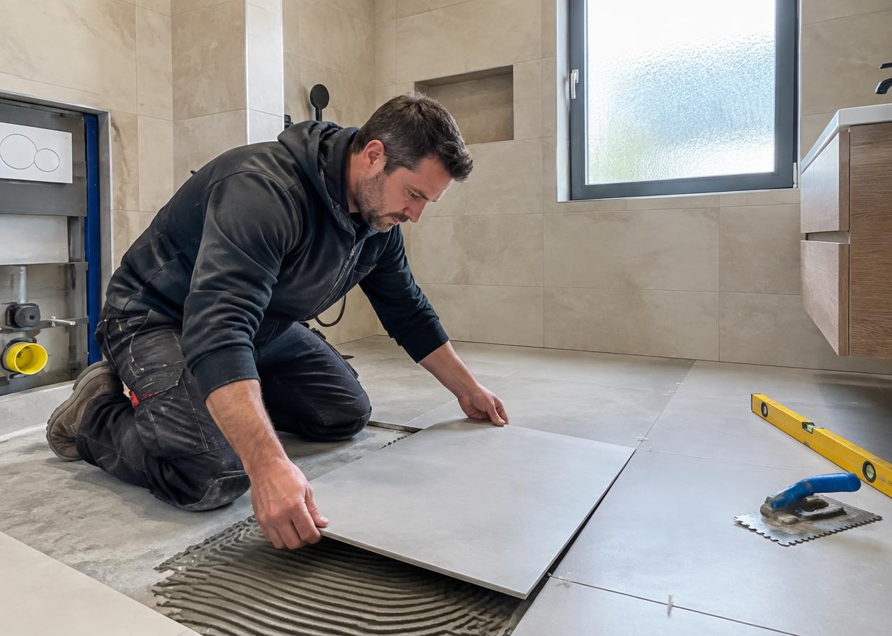 Vakman legt een grootformaat tegel in een badkamer